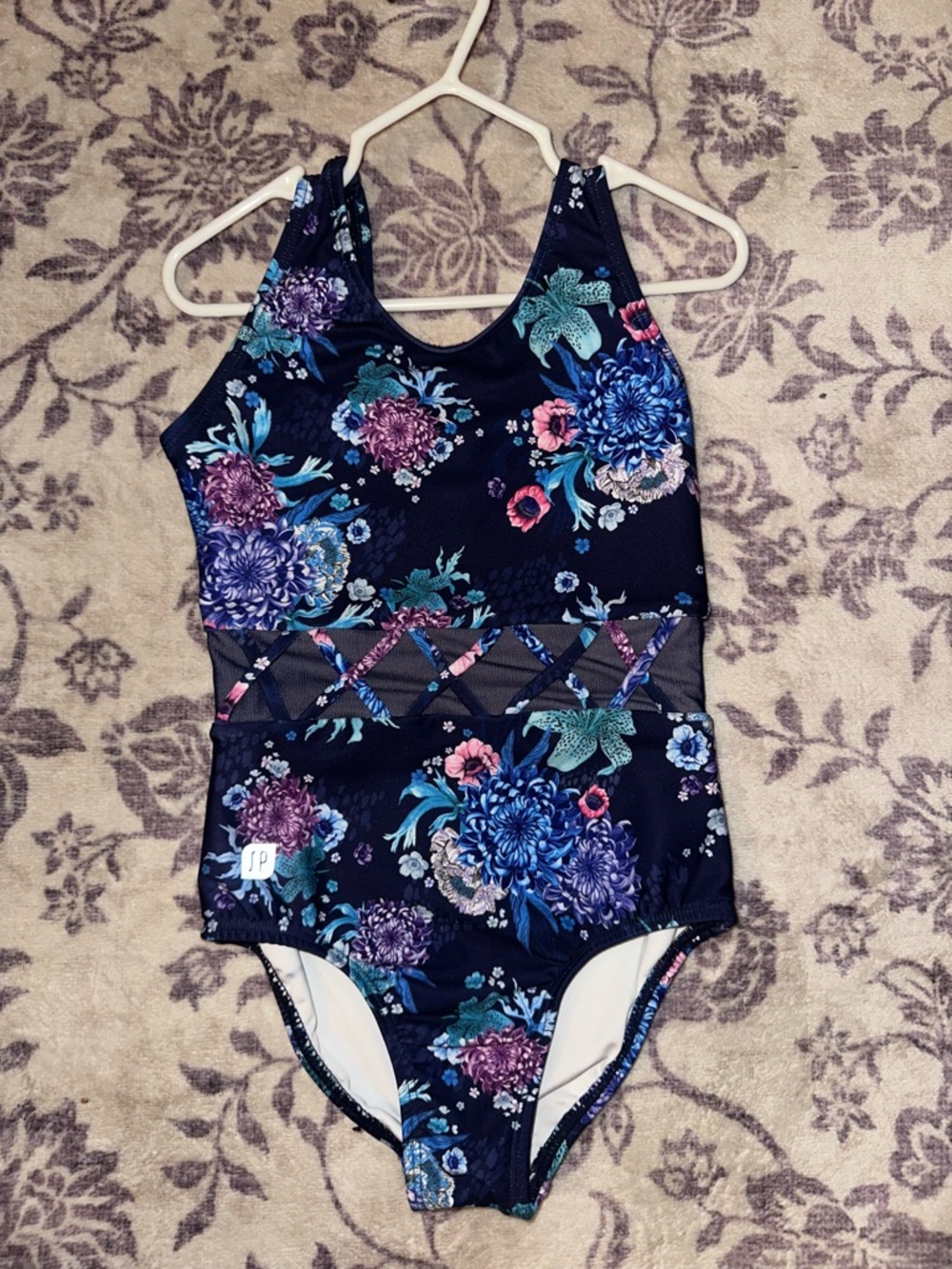 Sylvia P Girls' Leotard Floral Navy with Mesh Waistband